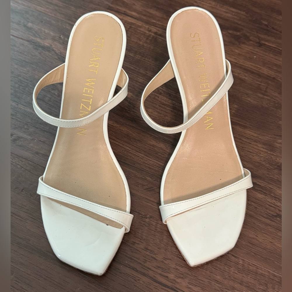 Stuart Weitzman White Aleena Mule Strappy Square Toe Heels - Picture 6 of 10